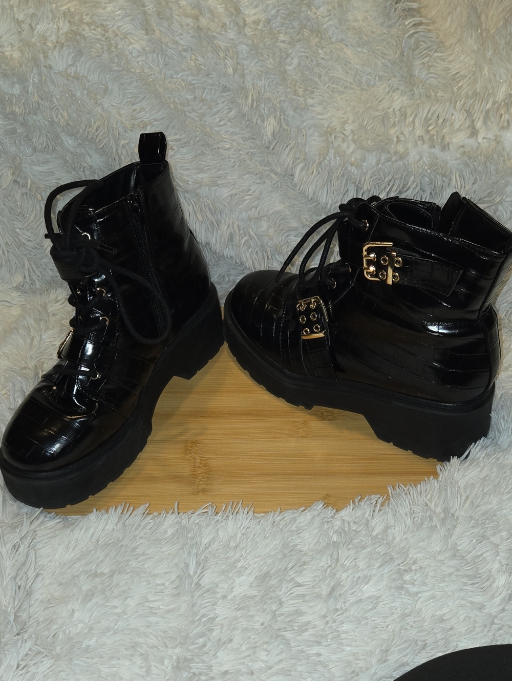 Forever 21 Black Lace-Up Platform Boots with Gold Buckle